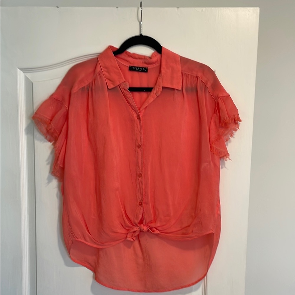 Maeve Pink Flutter Sleeve Tie Front Blouse